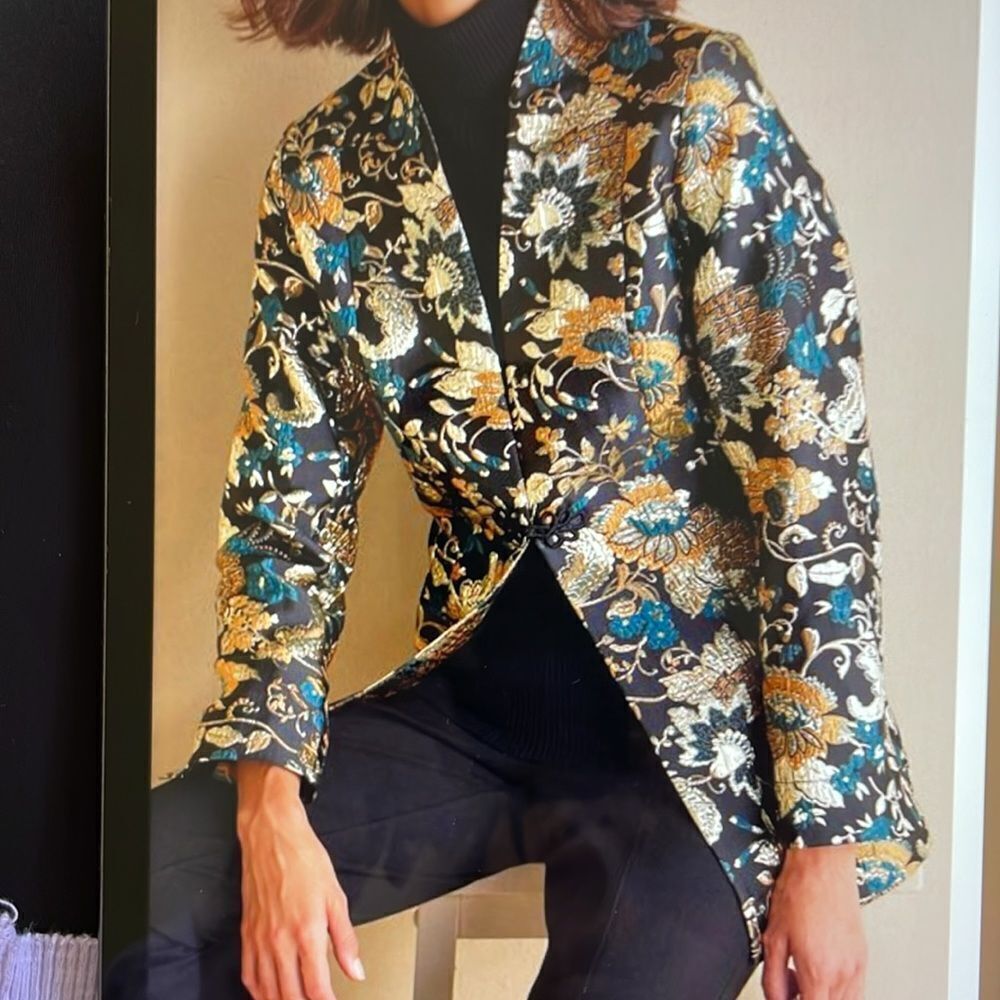 Soft Surroundings Black Floral Brocade Jacket with Gold & Teal Accents